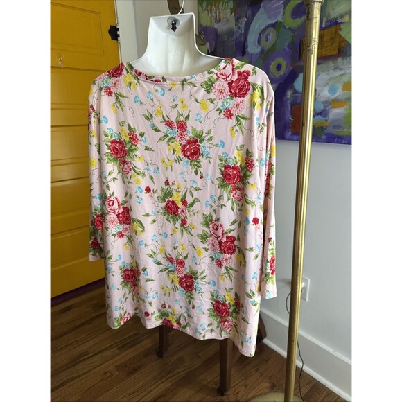 The Pioneer Woman XL Pink Floral 3/4 Sleeve V-Neck Soft Stretchy Top Tee - Picture 3 of 6